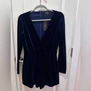 Lulu's Deep Blue Velvet Long Sleeve Romper